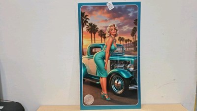 Lot 83 - PIN UP GIRL WITH HOT ROD METAL SIGN 39" X 24"