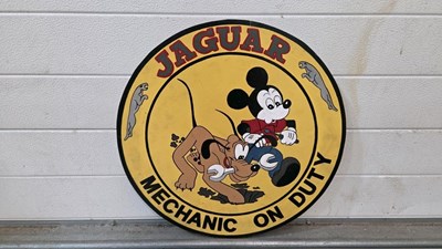 Lot 193 - WOODEN HAND PAINTED, JAGUAR MECHANIC ON DUTY SIGN 20" DIA