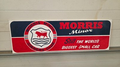 Lot 417 - WOODEN HAND PAINTED, MORRIS MINOR CLUB SIGN 48"X 16"