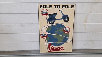 Lot 445 - WOODEN HAND PAINTED , VESPA POLE TO POLE SIGN 24" X 16"