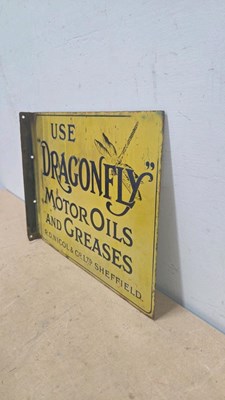 Lot 31 - USE DRAGONFLY MOTOR OILS AND GREASES , DOUBLE SIDED ENAMEL SIGN 18" X 14"