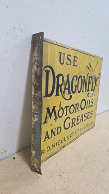 Lot 31 - USE DRAGONFLY MOTOR OILS AND GREASES , DOUBLE SIDED ENAMEL SIGN 18" X 14"