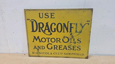 Lot 31 - USE DRAGONFLY MOTOR OILS AND GREASES , DOUBLE SIDED ENAMEL SIGN 18" X 14"