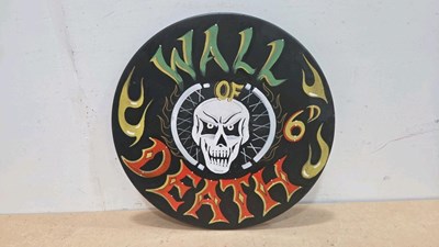 Lot 285 - WALL OF DEATH PAINTED TIN SIGN 23" DIA