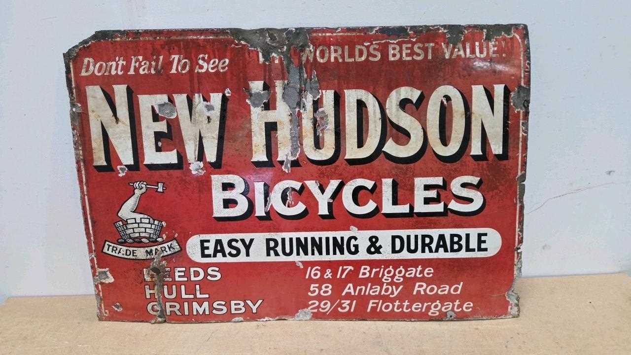 Lot 97 - NEW HUDSON BICYCLES ENAMEL SIGN 36" X 24"
