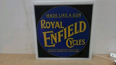 Lot 395 - ROYAL ENFIELD CYCLES, ILLUMINATED SIGN 23.5" X 23.5"