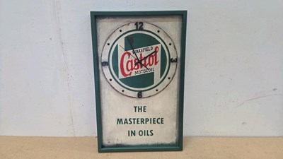 Lot 99 - HAND PAINTED REPRO CASTROL GARAGE CLOCK 25" X 16"