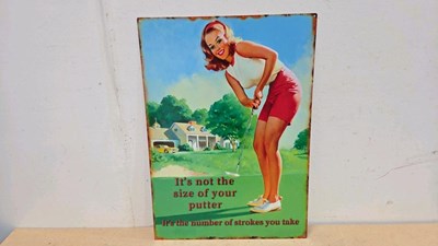 Lot 145 - LADY PLAYING GOLF TIN REPRO SIGN 27" X 19"
