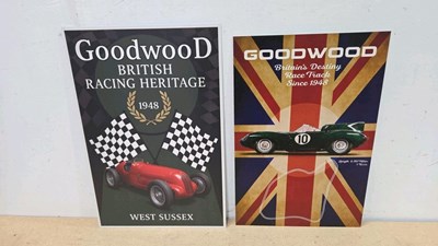Lot 403 - PAIR OF GOODWOOD REPRO PRINTED SIGNS, APPROX 21" X 13"