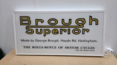 Lot 241 - BROUGH SUPERIOR MOTORCYCLE , ILLUMINATED REPRO FACTORY SIGN 47" X 24"