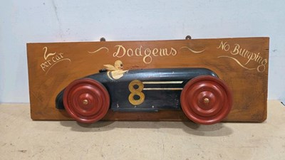 Lot 851 - HAND PAINTED WOODEN DODGEMS SIGN, WITH 3D METAL CAR APPROX 42" X 14"
