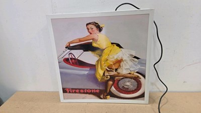Lot 579 - FIRESTONE PIN UP GIRL ILLUMINATED SIGN 24" X 24"