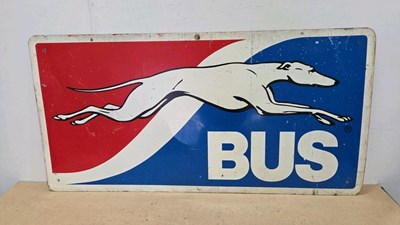 Lot 391 - AMERICAN IMPORTED GREYHOUND BUS, DOUBLE SIDED TIN SIGN 48" X 24"