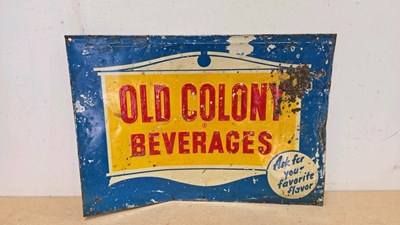 Lot 727 - US IMPORTED OLD COLONY BEVERAGES , PRESSED TIN SIGN 27" X 19"