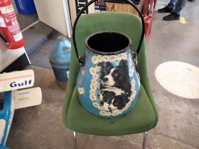 Lot 588 - BLUE MILK CHURN WITH COLLIE DOG