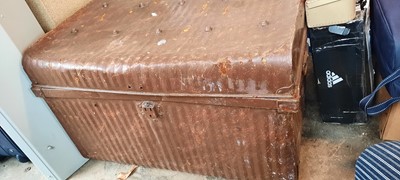 Lot 133 - LARGE BROWN TRUNK WITH AUTOBILIA